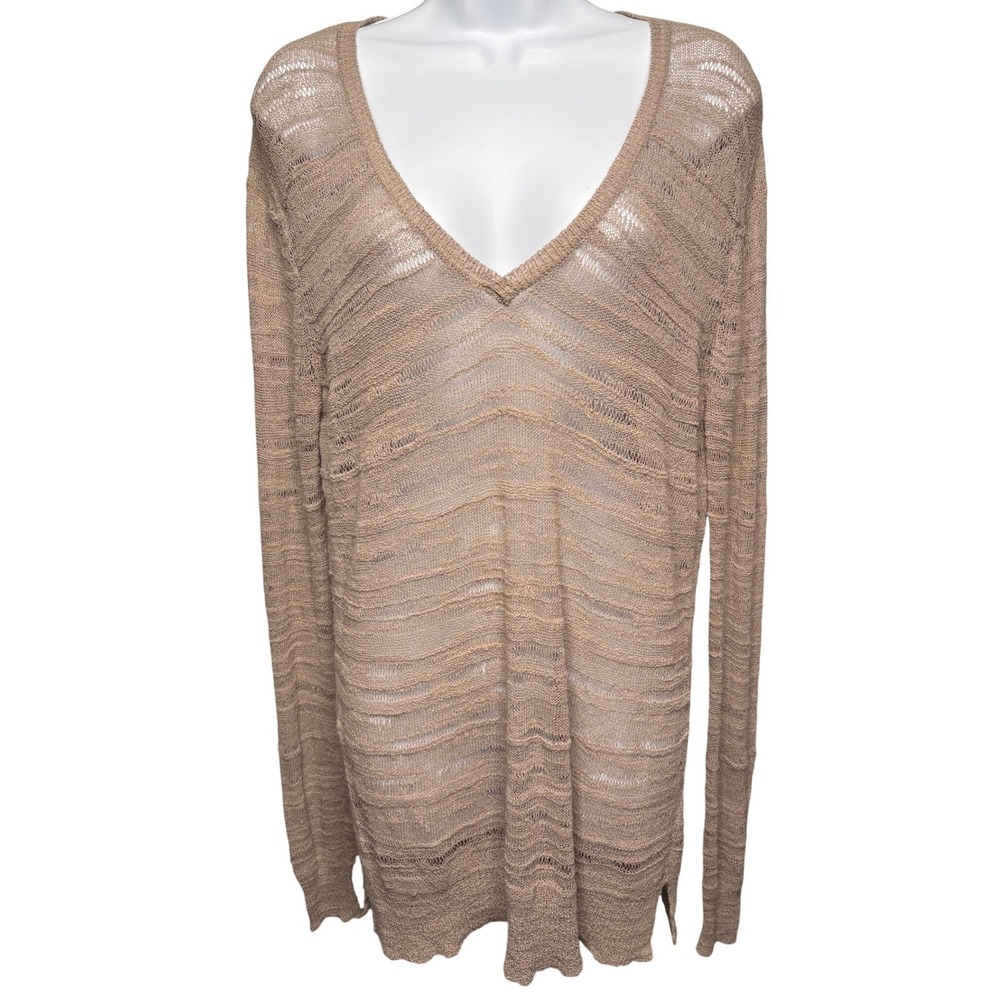 WHITE + WARREN Womens Taupe Sheer V-Neck Knit Long Sleeve Sweater M Coastal-Coho